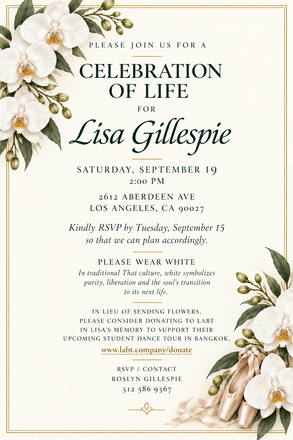 Celebration of Life invitation for Lisa Gillespie