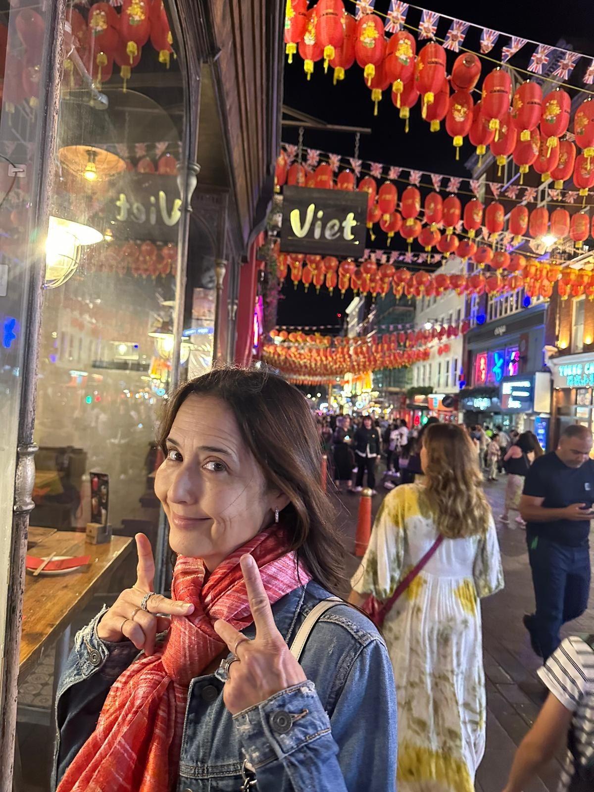Lisa on an evening out beneath red lanterns